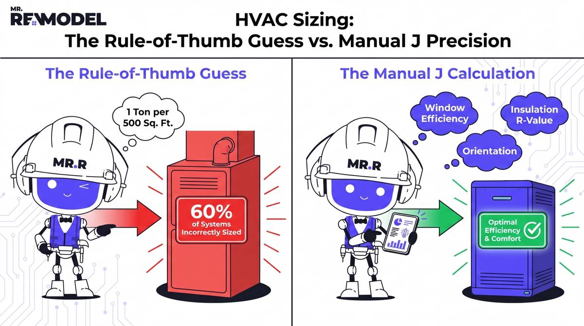 A stark, split-panel infographic contrasting the two methods. Left Panel: "The Rule-of-Thumb Guess" (Red X). Shows a contractor holding a tape measure, with a bubble reading "1 Ton per 500 Sq. Ft." -> Arrow to a furnace labeled "System Too Large." -> Warning text: "60% of Systems Incorrectly Sized." Right Panel: "The Manual J Calculation" (Green Checkmark). Shows a technician with a laptop and sensors, with bubbles reading "Window Efficiency, Insulation R-Value, Orientation." -> Arrow to a furnace labeled "System Perfectly Balanced."